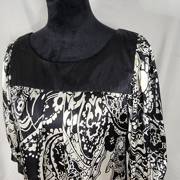 DRESSBARN Size 10 Satin Mumu Floral Paisley‎ 3/4 Sleeve Lined Midi w/ Pockets - Picture 5 of 16